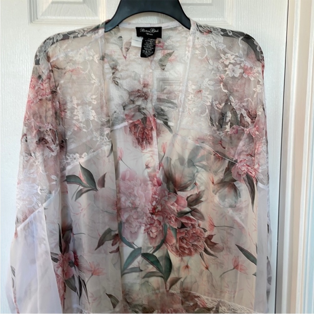 BRITTANY BLACK FLORAL SHEER OPEN FRONT COVERUP BLOUSE PINK GREEN HUES & LACE 2X